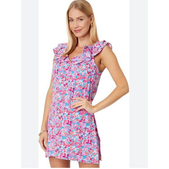 Lilly Pulitzer Linwood Ruffle Pink and Blue Print Romper Size 8 Lined New - Picture 2 of 11